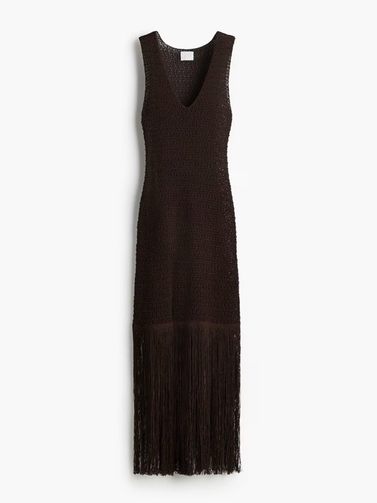 H&M Dresses & Skirts - NWOT Sleeveless V-Neck Fringe Knit Maxi Dress - Dark Brown Cotton Blend